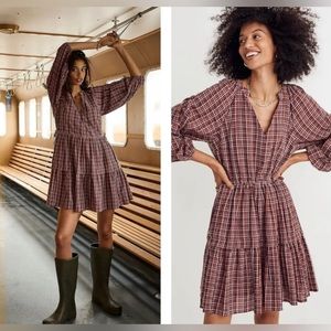 Madewell Seersucker Dress Maroon Plaid Tiered Mini Long Sleeve S